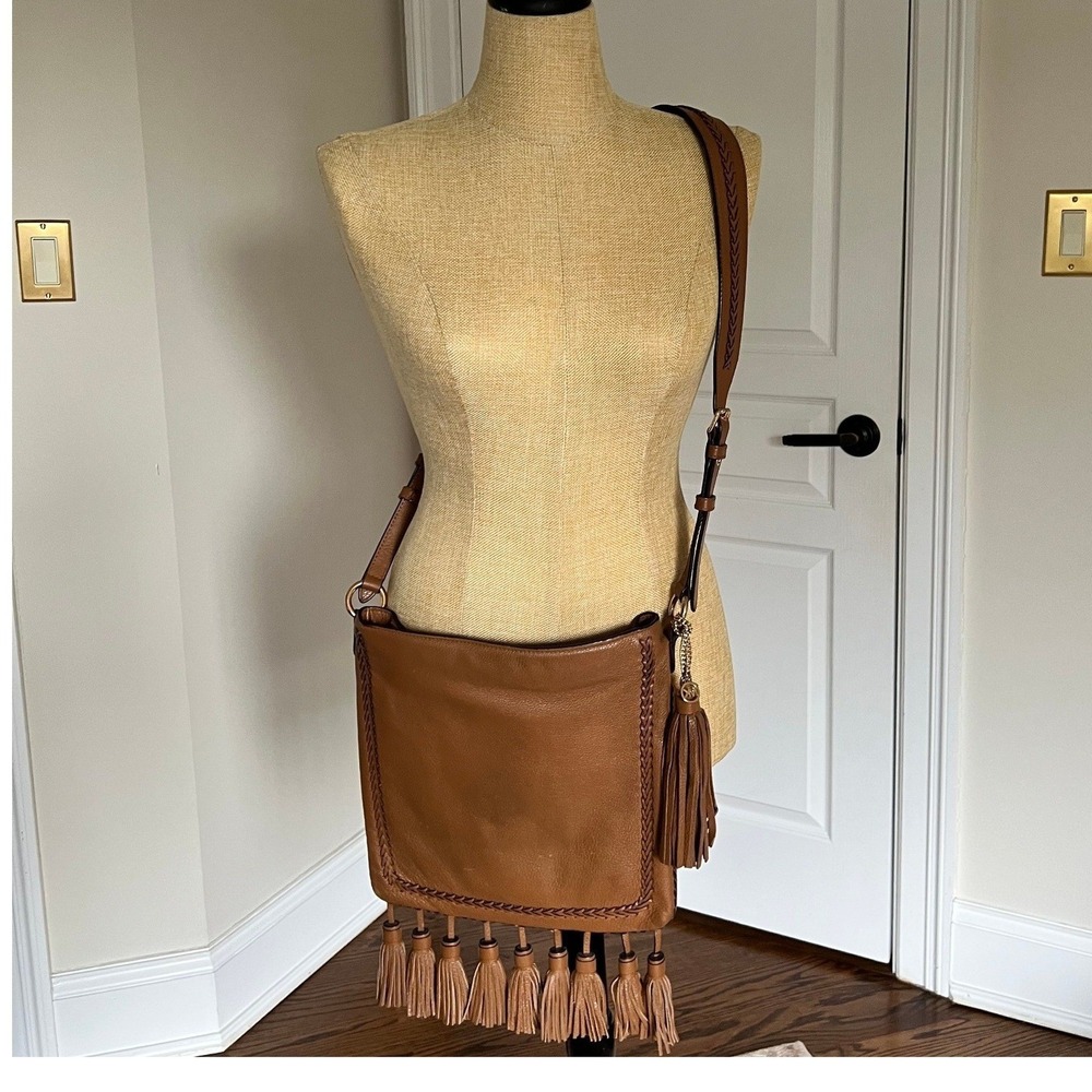 Michael Kors Moroccan Pebbled Leather Messenger Crossbody w/Tassels — Tan/Brown